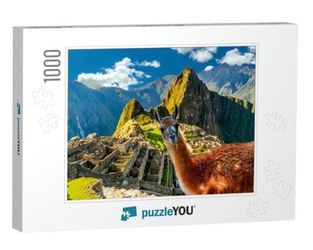 Funny Scene with Llama Standing At Machu Picchu Overlook... Jigsaw Puzzle with 1000 pieces