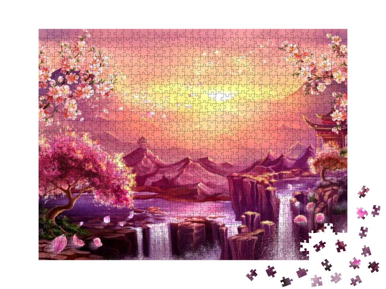 Oriental Background, Digital Art. Illustration of a Mount... Jigsaw Puzzle with 1000 pieces
