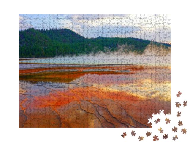 Fiery Orange Sunset Over the Grand Prismatic Pool in Yell... Jigsaw Puzzle with 1000 pieces
