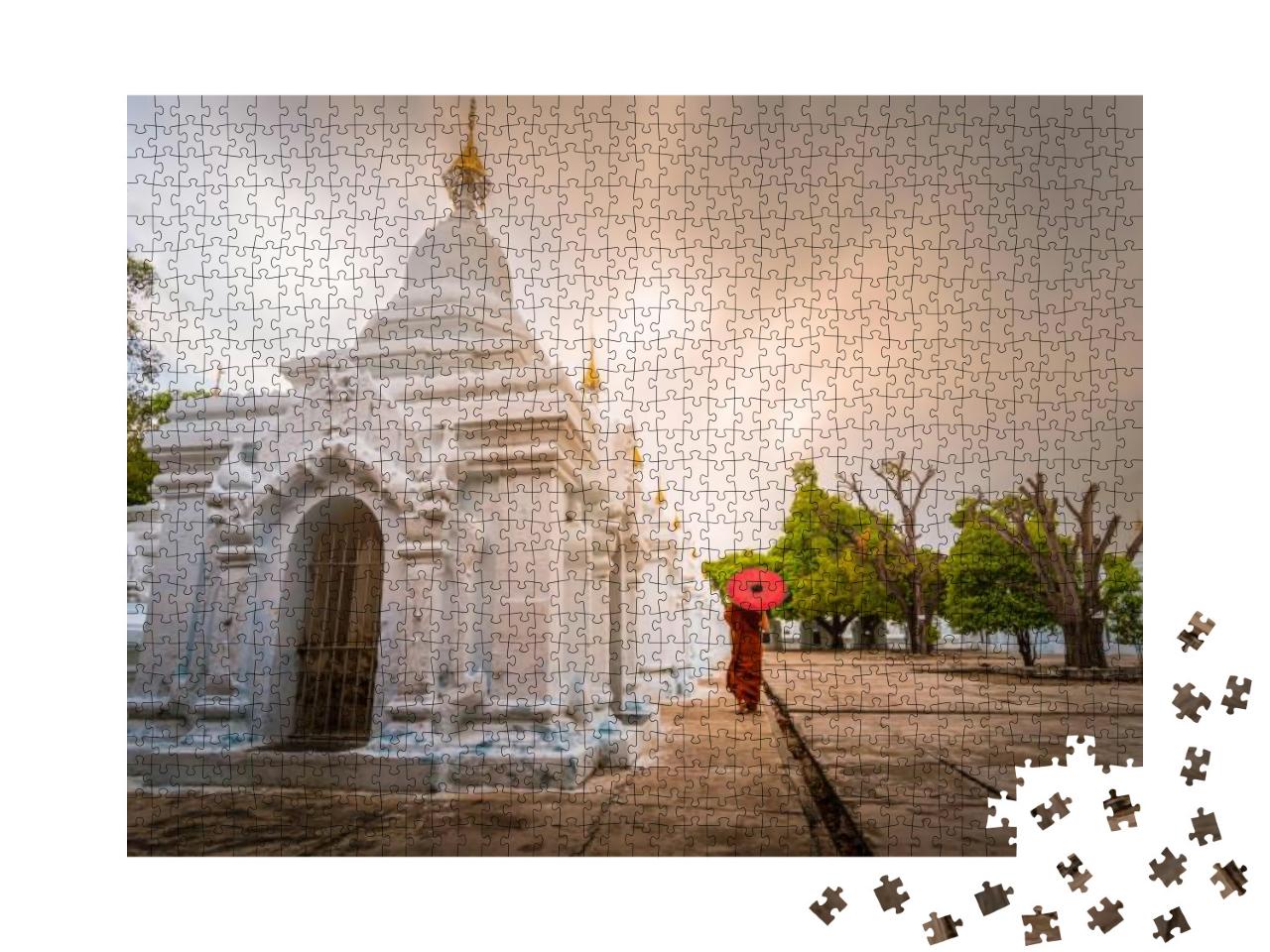 A Monk Walk with Red Umbrella At Stupa in Kuthodaw Pagoda... Jigsaw Puzzle with 1000 pieces