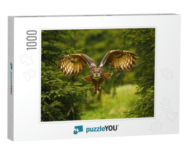 The Eurasian Eagle-Owl Flying in the Forest in the Mounta... Jigsaw Puzzle with 1000 pieces