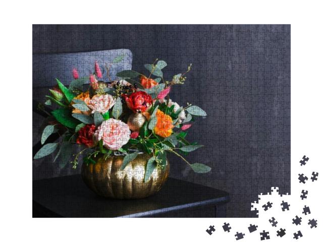 Autumn Floral Bouquet in Colored Pumpkin Vase on Black Ch... Jigsaw Puzzle with 1000 pieces