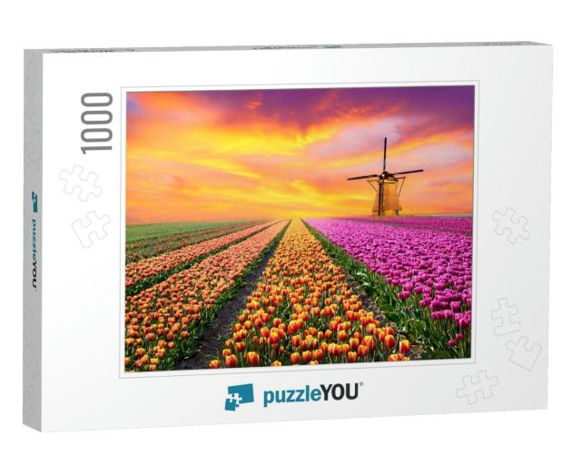 A Magical Landscape with Sunrise Over Tulip Field in the... Jigsaw Puzzle with 1000 pieces