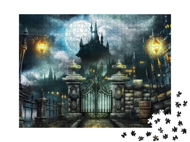 Halloween Dark Castle with Full Moon Wallpaper... Jigsaw Puzzle with 1000 pieces
