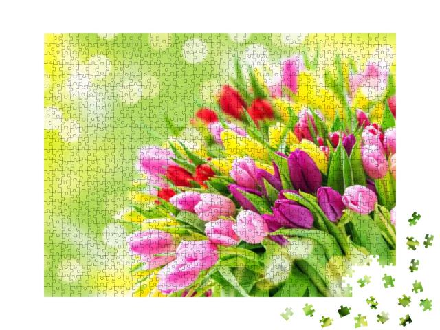 Fresh Spring Tulip Flowers Bouquet on Blurred Background... Jigsaw Puzzle with 1000 pieces