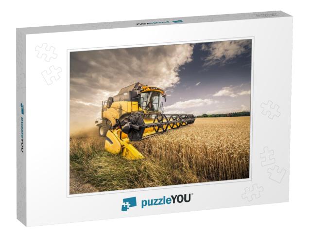 Modern Yellow Combine Harvesting Wheat in the Summer in C... Jigsaw Puzzle