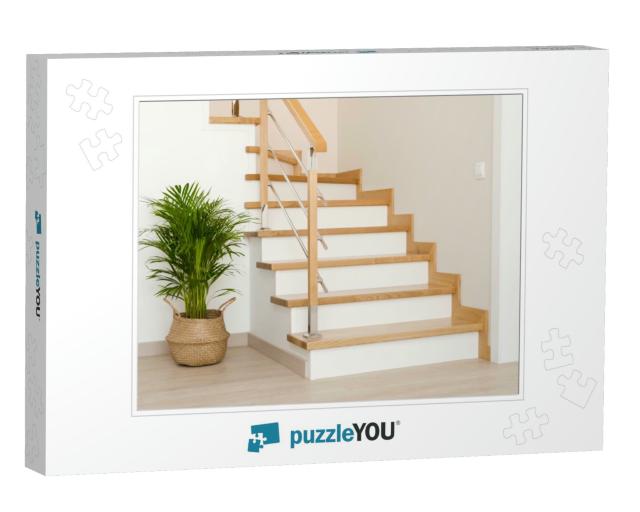 Modern Natural Ash Tree Wooden Stairs in New House Interi... Jigsaw Puzzle