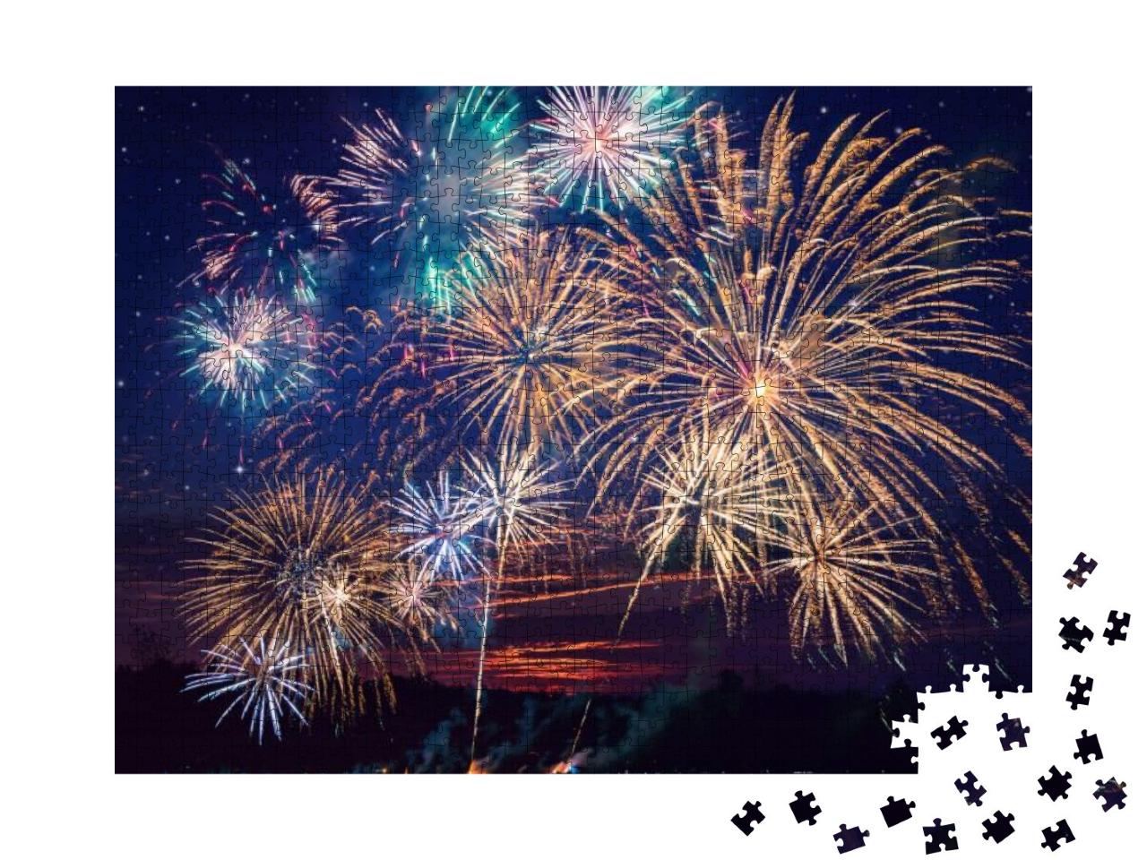 Colorful Fireworks on the Night Sky Background... Jigsaw Puzzle with 1000 pieces