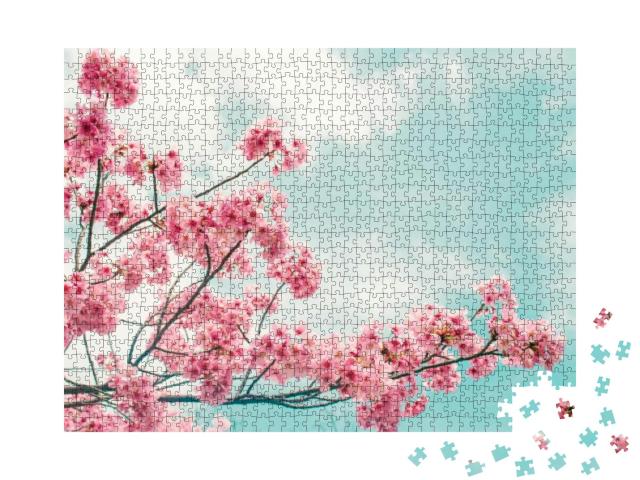 Beautiful Cherry Blossom Sakura in Spring Time Over Blue... Jigsaw Puzzle with 1000 pieces