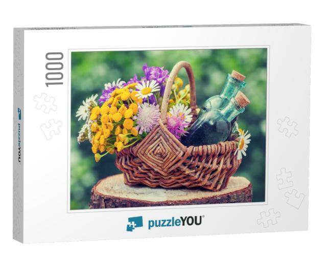 Wicker Basket with Healing Herbs & Bottles of Tincture. H... Jigsaw Puzzle with 1000 pieces