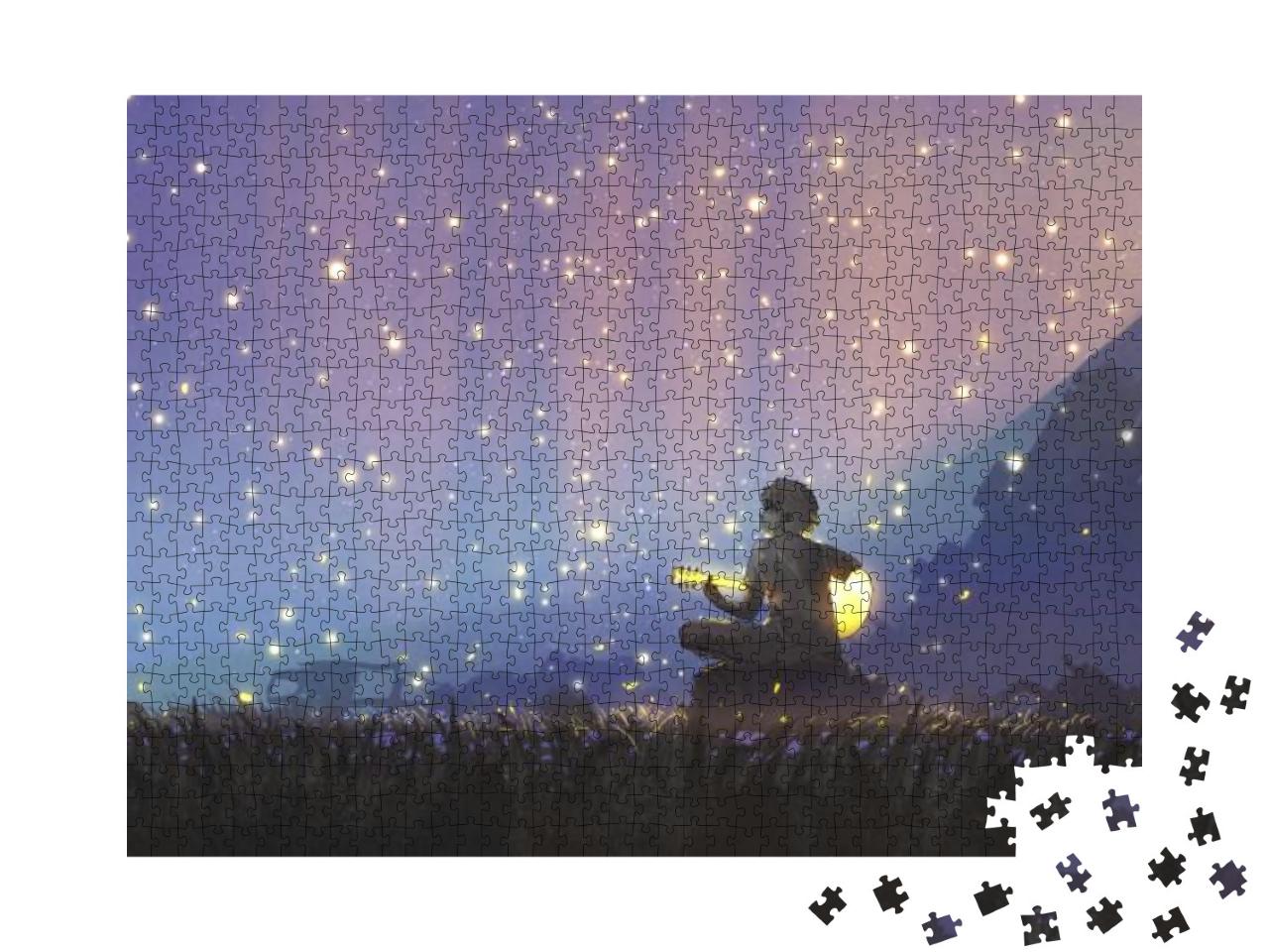 A Young Boy Plays Guitar in the Meadow & Looking At the B... Jigsaw Puzzle with 1000 pieces
