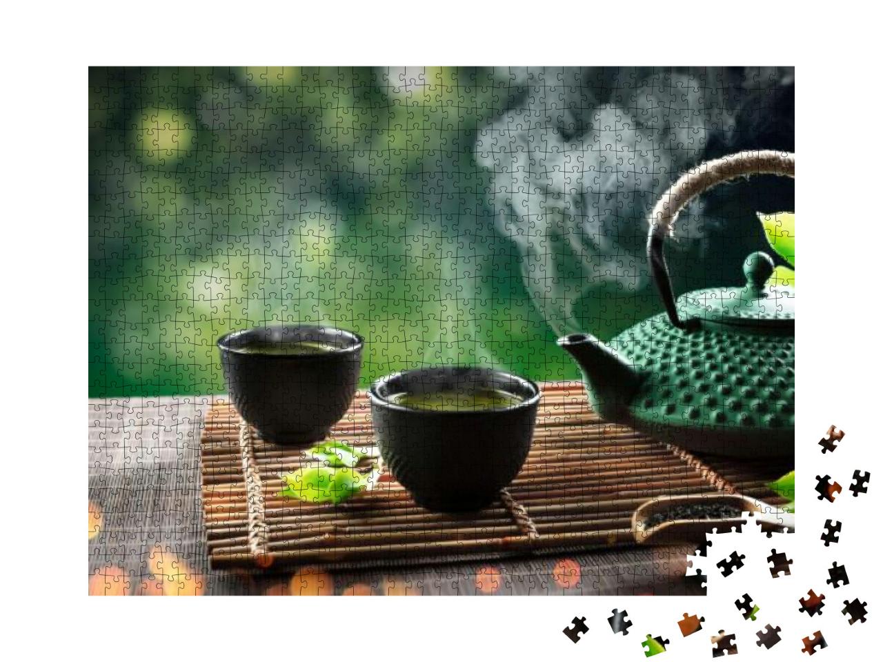 Japanese Tea - Hot Teapot & Teacups on Bamboo Mat... Jigsaw Puzzle with 1000 pieces