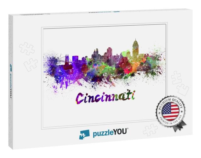 Cincinnati Skyline in Watercolor Splatters with Clipping... Jigsaw Puzzle