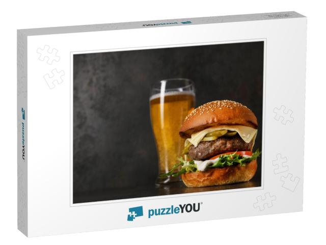 Delicious Classic Burger with Cutlet & Glass of Cold Beer... Jigsaw Puzzle