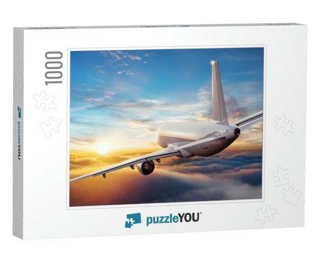 Commercial Airplane Jetliner Flying Above Clouds in Beaut... Jigsaw Puzzle with 1000 pieces