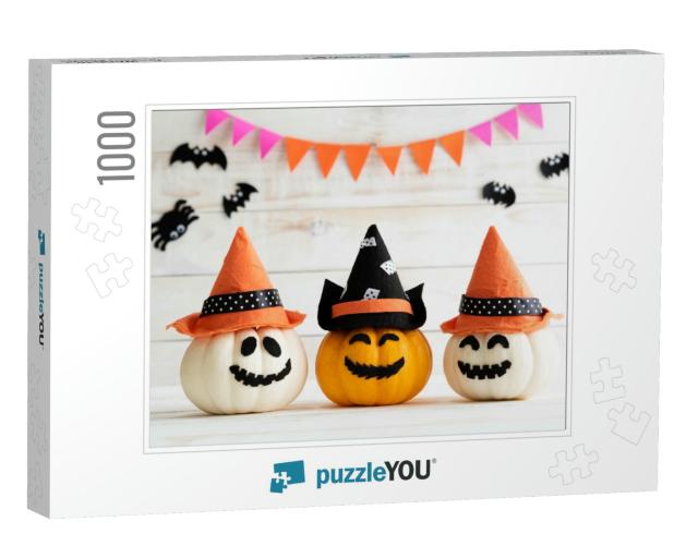 White & Yellow Ghost Pumpkins with Witch Hat on White Woo... Jigsaw Puzzle with 1000 pieces
