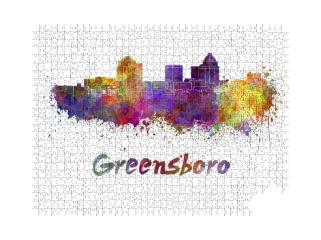 Greensboro Skyline in Watercolor Splatters with Clipping... Jigsaw Puzzle with 1000 pieces