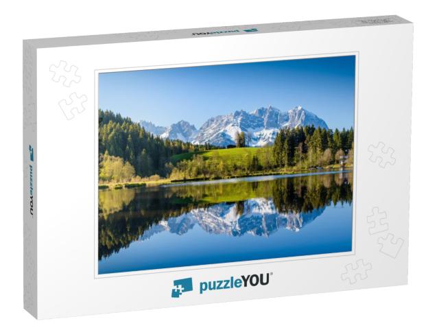 Idyllic Alpine Scenery, Snowy Mountains Mirroring in a Sm... Jigsaw Puzzle