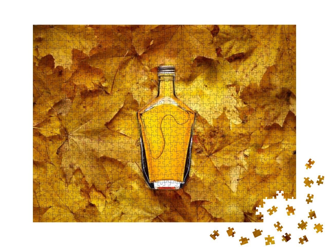 Brandy Bottle on Yellow Maple Leaves... Jigsaw Puzzle with 1000 pieces