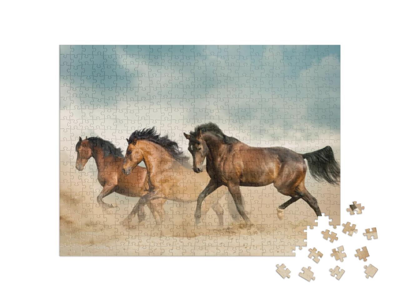 Beautiful Bay Horses Running in Desert on Freedom... Jigsaw Puzzle with 500 pieces