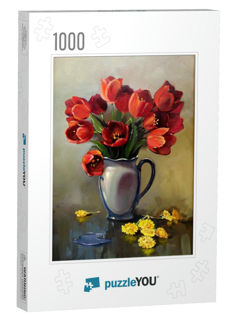Bouquet of Tulips in a Ceramic Vase & Dandelions on the T... Jigsaw Puzzle with 1000 pieces