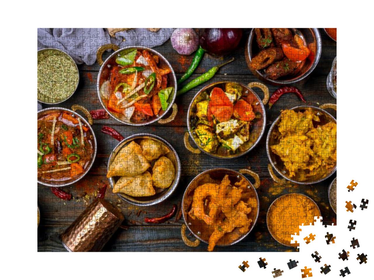 Assorted Indian Food Set on Wooden Background. Dishes & A... Jigsaw Puzzle with 1000 pieces