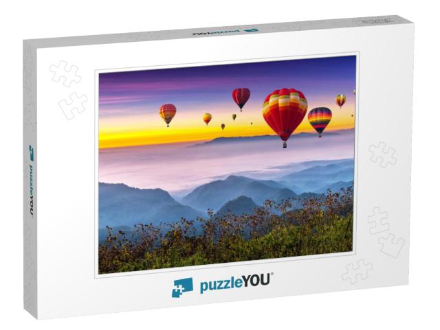 Colorful Hot Air Balloons Flying Above High Mountain At S... Jigsaw Puzzle