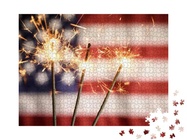 Sparklers Closeup with American Flag in Background... Jigsaw Puzzle with 1000 pieces