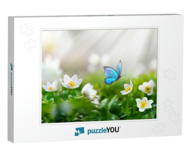 Beautiful Spring Background with Blue Butterfly in Flight... Jigsaw Puzzle
