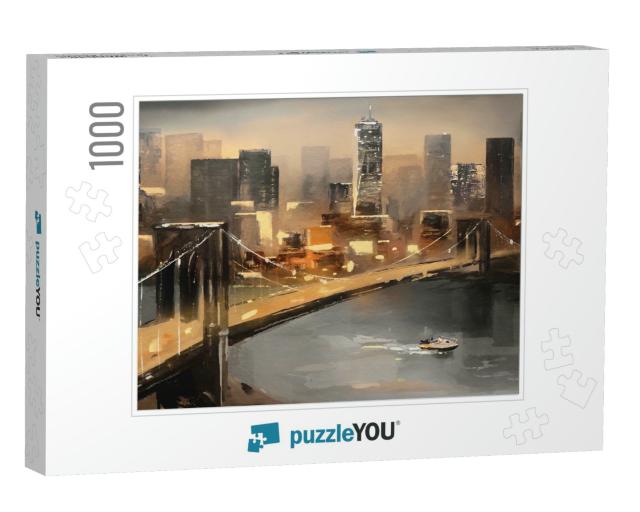 Oil Painting on Canvas - View of New York, River & Bridge... Jigsaw Puzzle with 1000 pieces