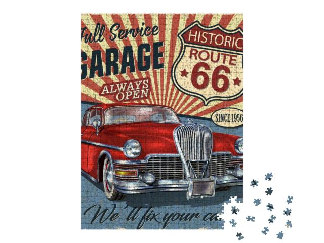 Vintage Route 66 Garage Retro Poster with Retro Car... Jigsaw Puzzle with 1000 pieces