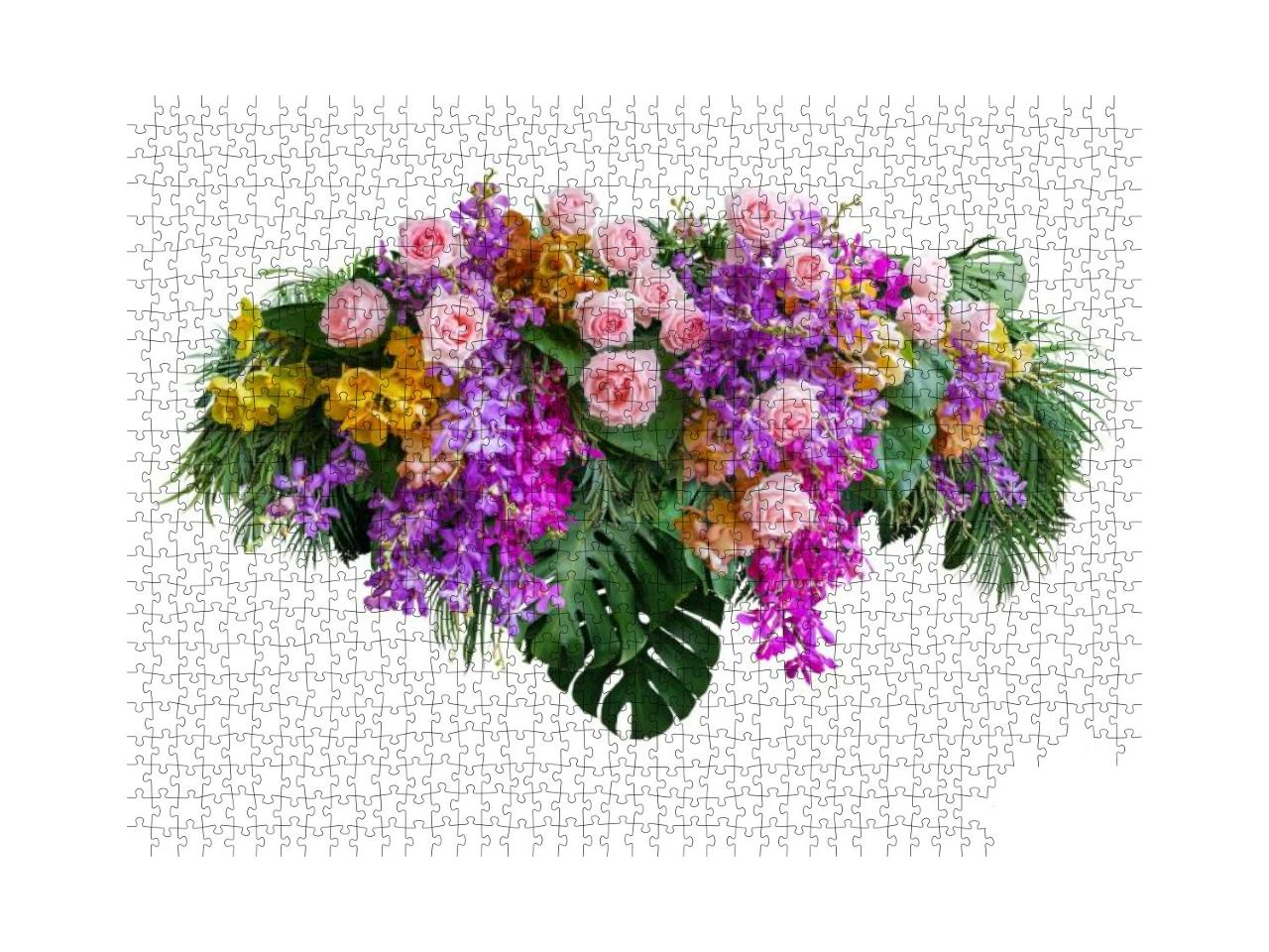 Pink Rose & Orchid Flowers with Tropical Green Leaves Mon... Jigsaw Puzzle with 1000 pieces