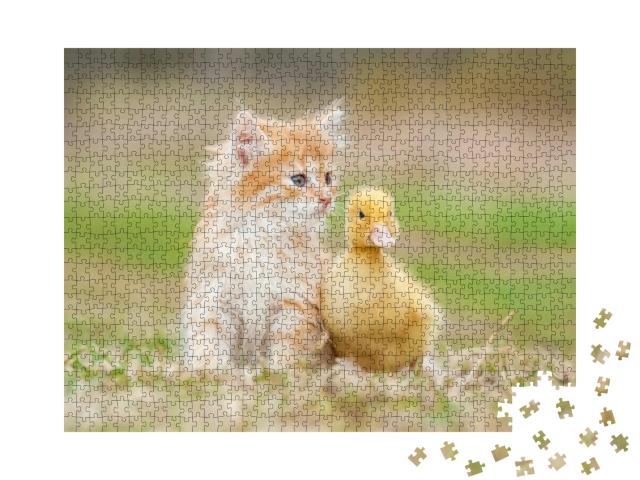 Adorable Red Kitten with Little Duckling... Jigsaw Puzzle with 1000 pieces