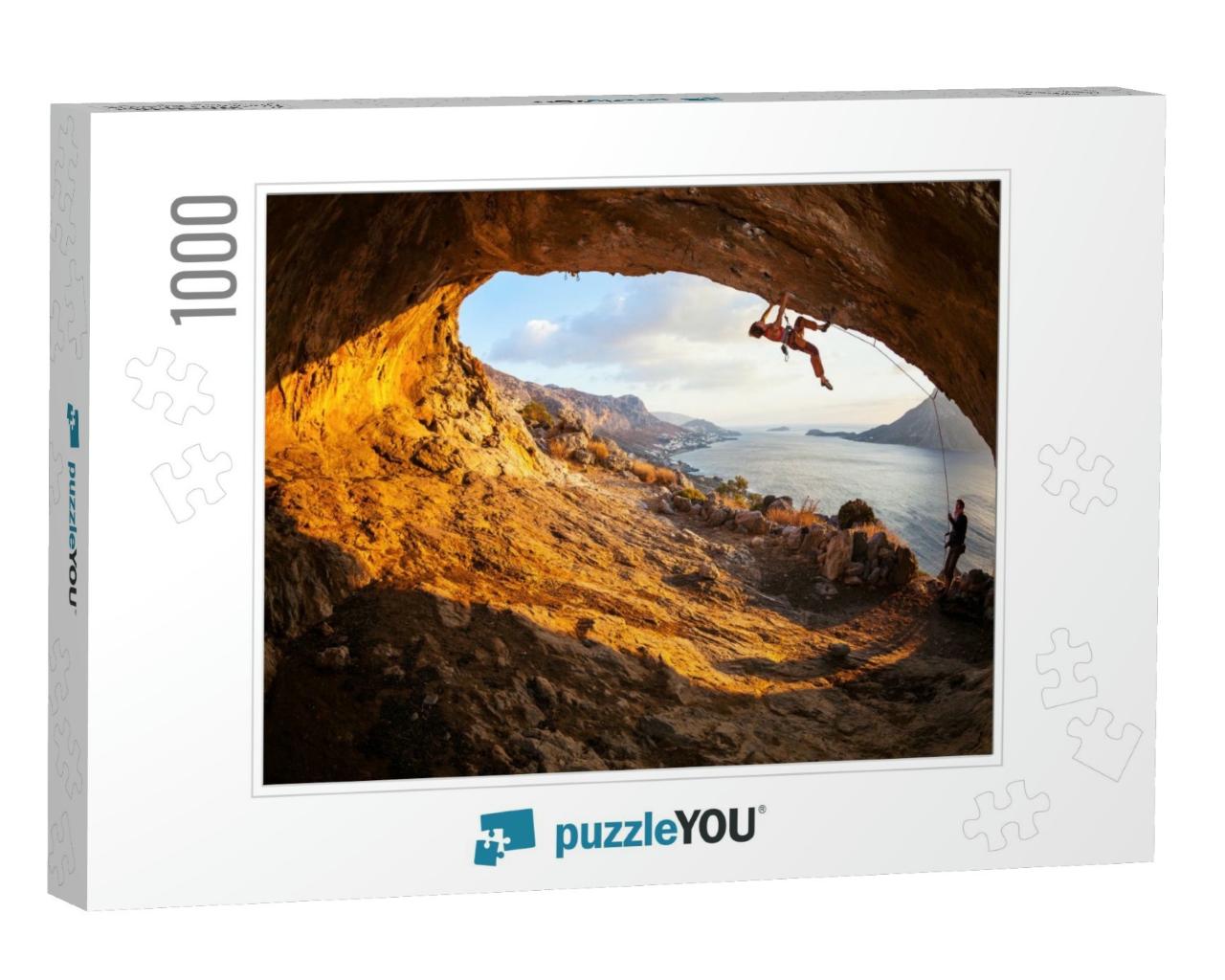 Young Woman Lead Climbing in Cave with Beautiful View in... Jigsaw Puzzle with 1000 pieces