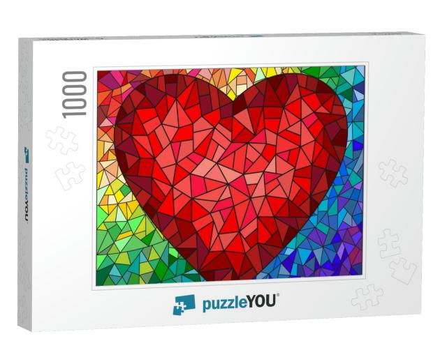 Illustration in Stained Glass Style with Red Heart on the... Jigsaw Puzzle with 1000 pieces