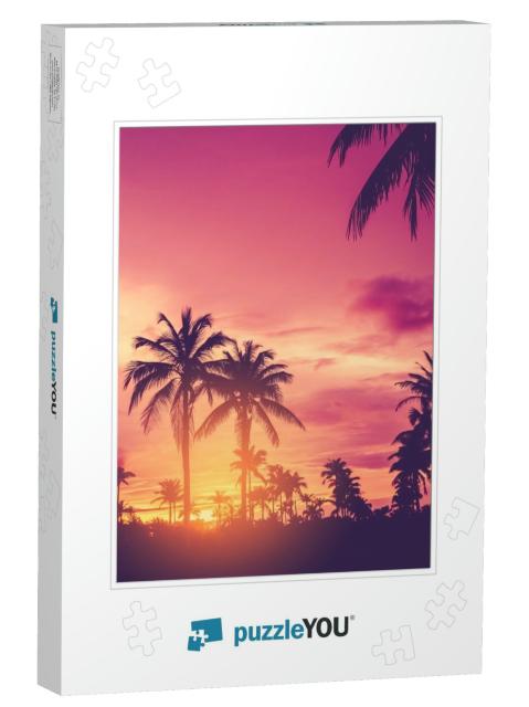 Tropical Palm Tree with Colorful Bokeh Sun Light on Sunse... Jigsaw Puzzle