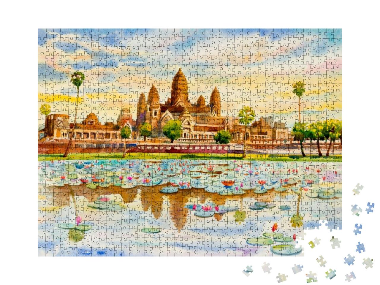 Angkor Wat Temple, Cambodia, Southeast Asia. Watercolor P... Jigsaw Puzzle with 1000 pieces