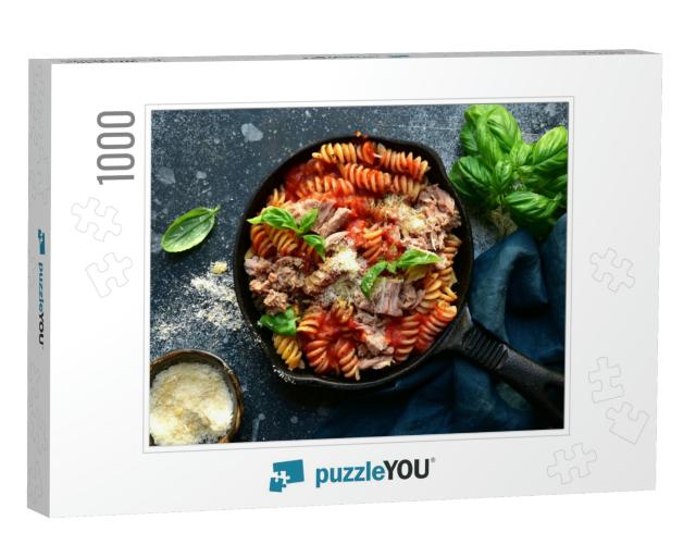 Fusilli Pasta with Tuna in Tomato Sauce in a Skillet on a... Jigsaw Puzzle with 1000 pieces
