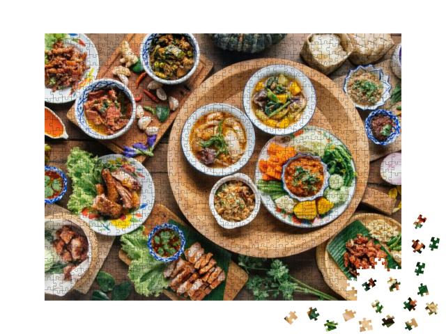 Tradition Northern Thai Food. on a Wooden Table, Top View... Jigsaw Puzzle with 1000 pieces