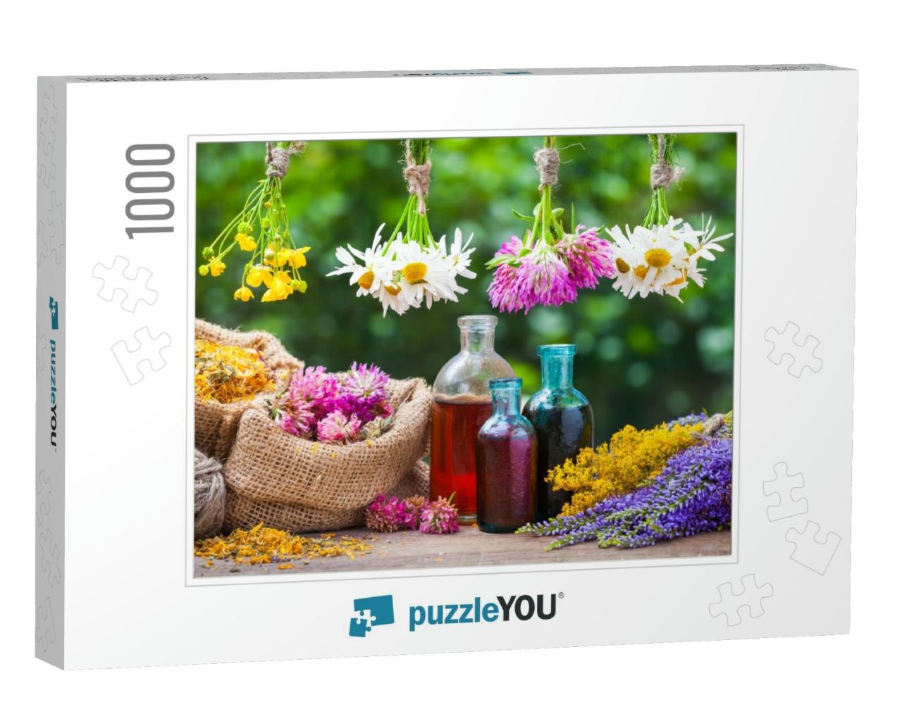 Healing Herbs Bunches, Bottle of Oil or Tincture, Hessian... Jigsaw Puzzle with 1000 pieces