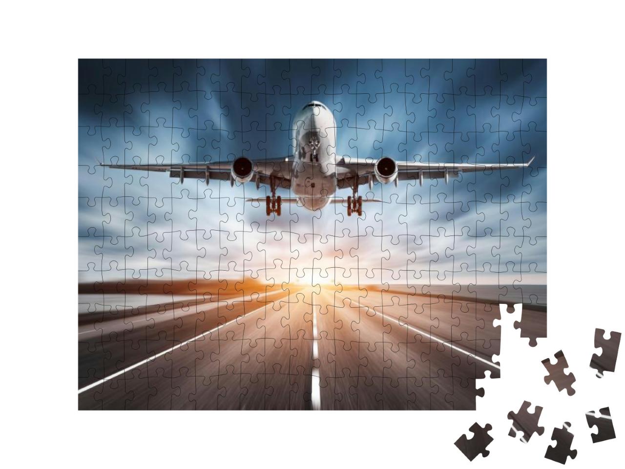Airplane & Road with Motion Blur Effect At Sunset. Landsc... Jigsaw Puzzle with 200 pieces
