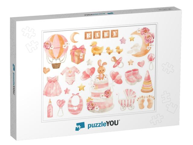 Set of Watercolor Elements for a Little Girl... Jigsaw Puzzle