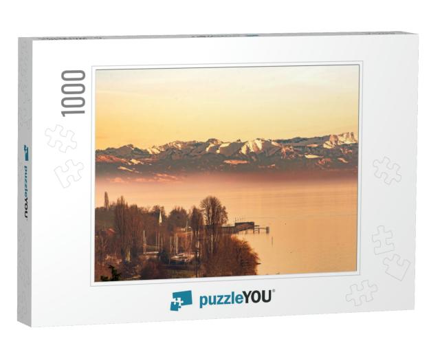 Afterglow of Beautiful Lake Constance with Swiss Alps in... Jigsaw Puzzle with 1000 pieces
