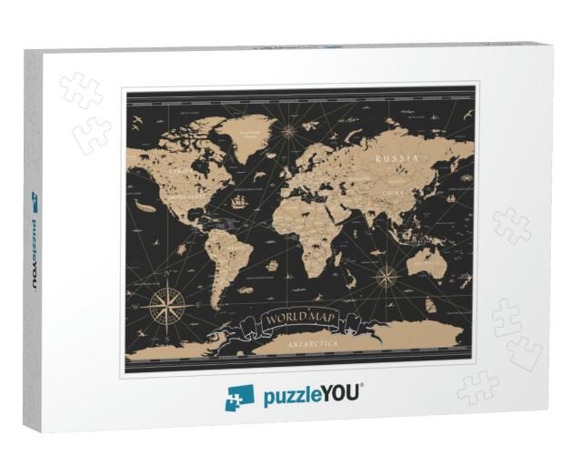 World Map Vintage Black Golden Detailed - Vector... Jigsaw Puzzle