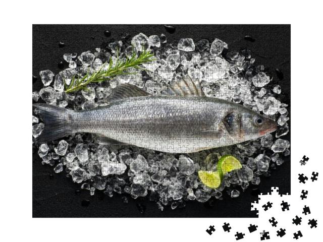 Fresh Sea Bass Fish on Ice on a Black Stone Table Top Vie... Jigsaw Puzzle with 1000 pieces