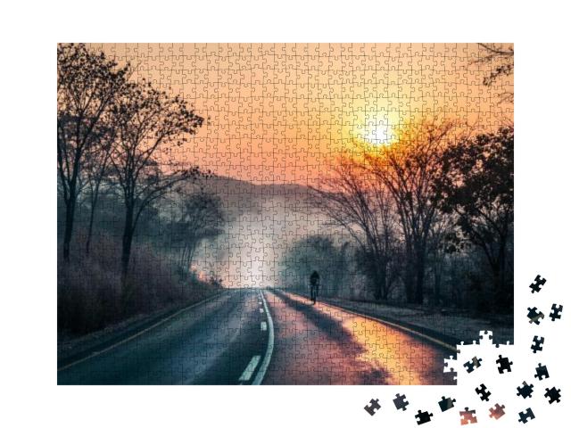 Cyclist Passing Fire & Smoke with the Sun Reflecting on T... Jigsaw Puzzle with 1000 pieces
