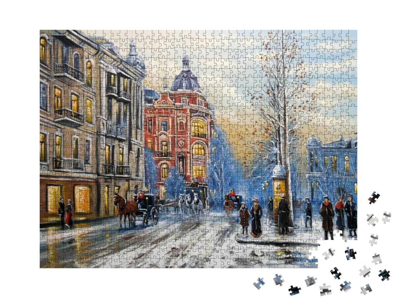 Oil Paintings Landscape, Old City, Street in Winter. Fine... Jigsaw Puzzle with 1000 pieces