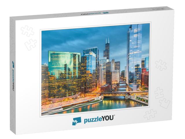 Chicago, Illinois USA Skyline Over the River At Twilight... Jigsaw Puzzle