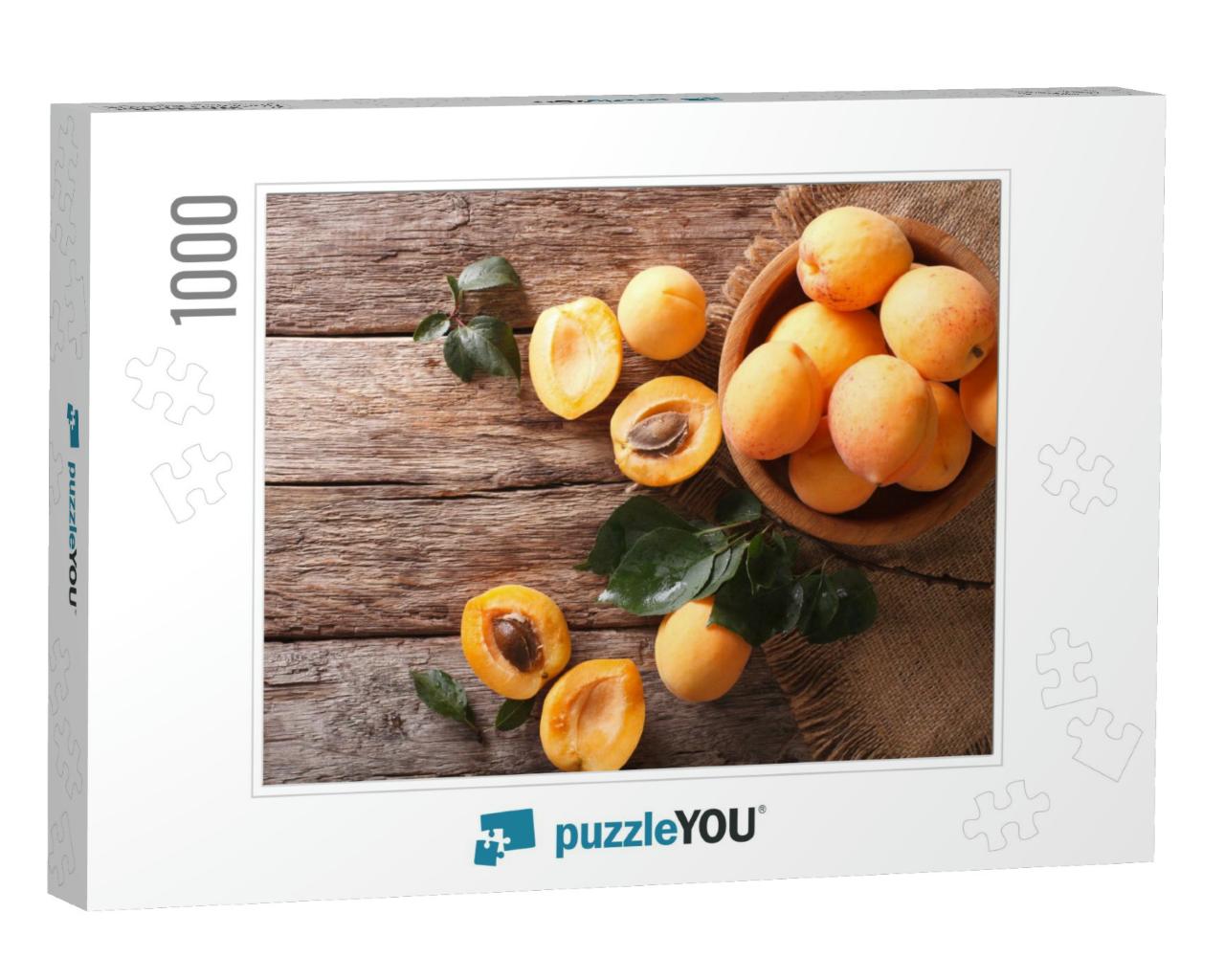 Delicious Ripe Apricots in a Wooden Bowl on the Table Clo... Jigsaw Puzzle with 1000 pieces
