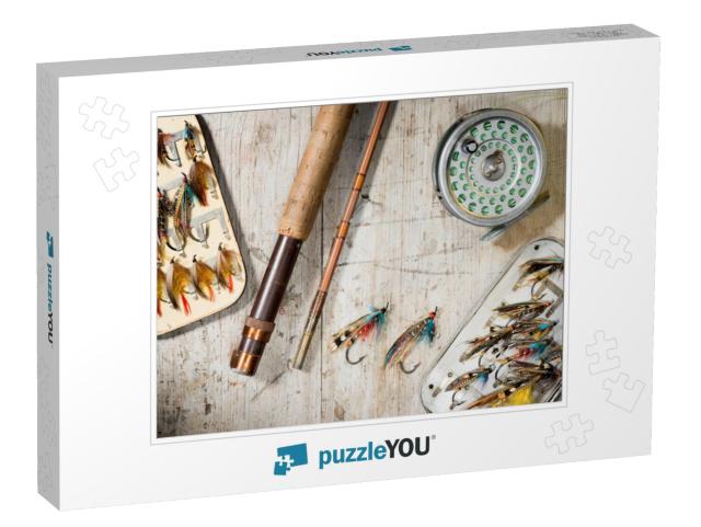 Fly Fishing Rod, Reel & Vintage Salmon Flies in Boxes on... Jigsaw Puzzle